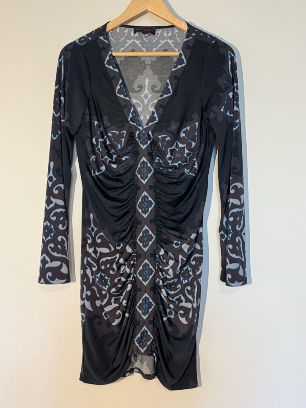 HALE BOB Ruched Printed Mini Dress Long Sleeve Size M - Picture 7 of 8